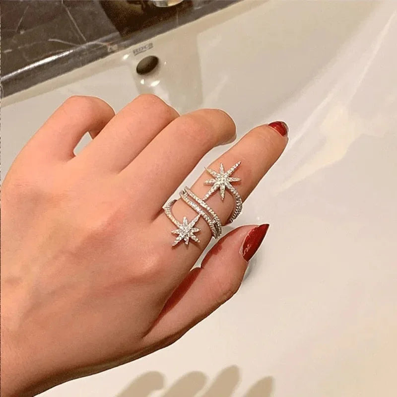 New European and American Light Luxury Niche Ring, Personalized Micro Inlaid with Stars, Multi-layer Surround Geometric Jewelry