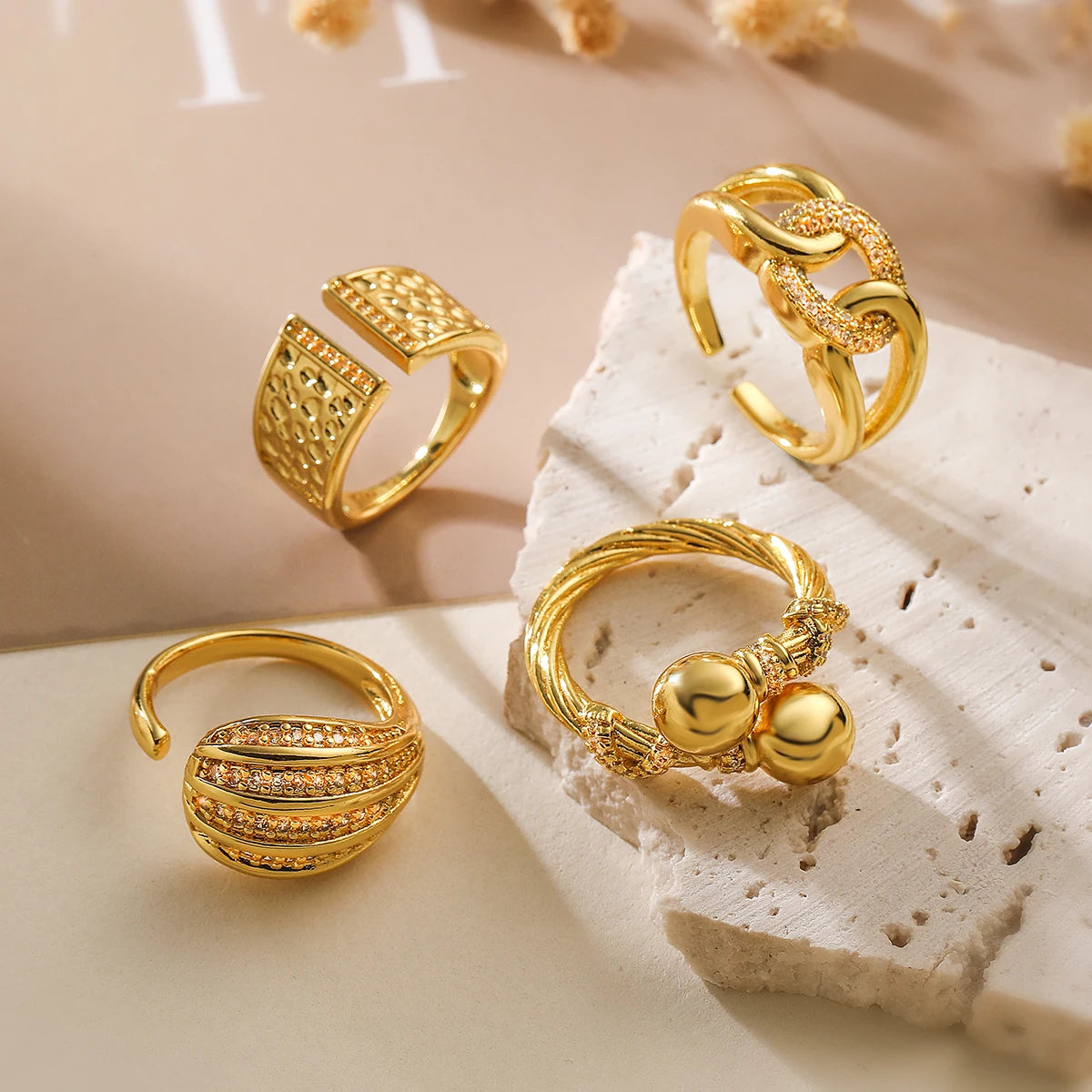 NEWBUY Fashion Gold Color Copper Party Jewelry Shiny AAA CZ Inlay Open Rings Finger Accessories