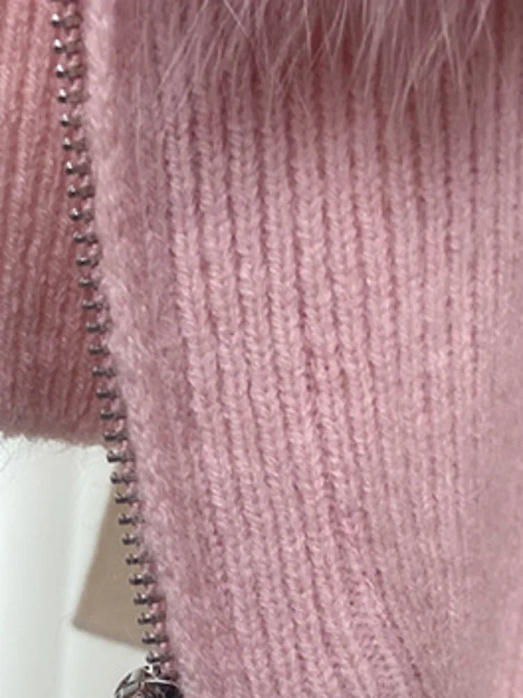 UCXQ Fashion Fox Fur Coat Short Autumn Zipper Top Patchwork Plush Elegant Women's Clothing 2024 Winter Knitt Cardigan Sweater 52