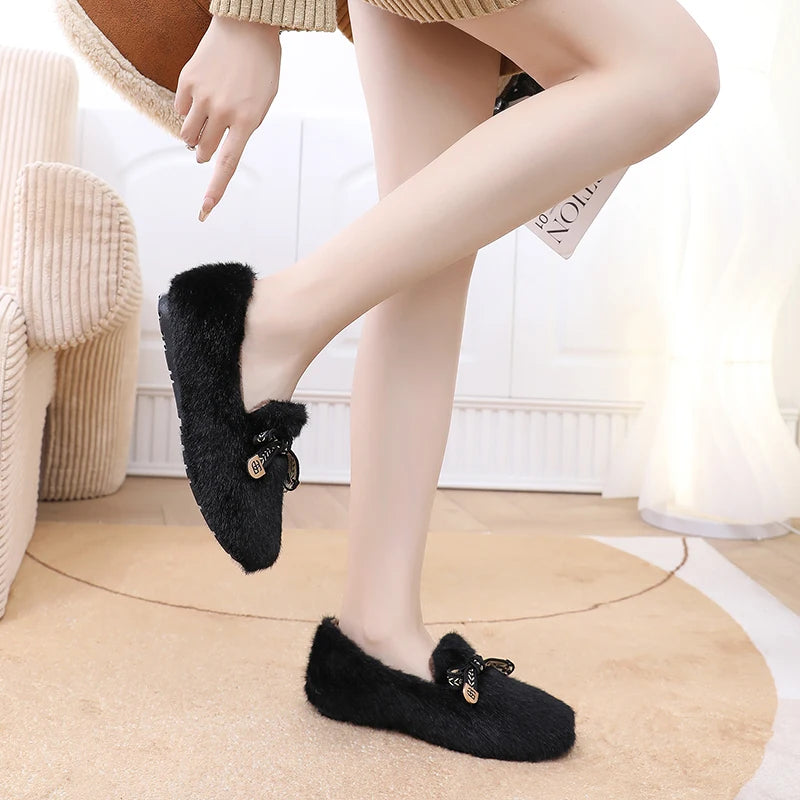 Winter New Womens Loafers Thermal Comfortable Casual Shoes Fashion Buttrfly-knot Dou Dou Shoes Low Top Womens Flat Shoes