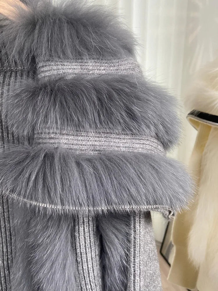 UCXQ Fashion Fox Fur Coat Short Autumn Zipper Top Patchwork Plush Elegant Women's Clothing 2024 Winter Knitt Cardigan Sweater 52
