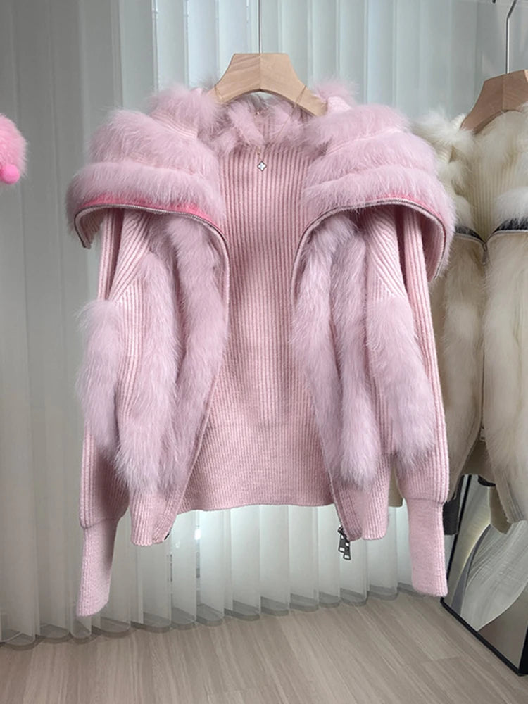 UCXQ Fashion Fox Fur Coat Short Autumn Zipper Top Patchwork Plush Elegant Women's Clothing 2024 Winter Knitt Cardigan Sweater 52