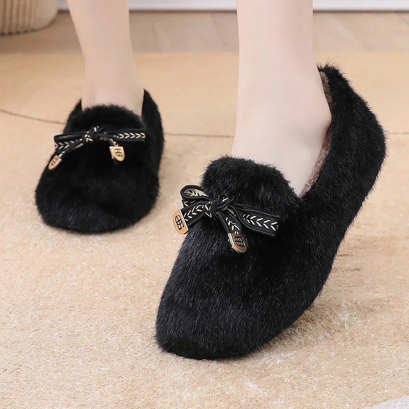 Winter New Womens Loafers Thermal Comfortable Casual Shoes Fashion Buttrfly-knot Dou Dou Shoes Low Top Womens Flat Shoes