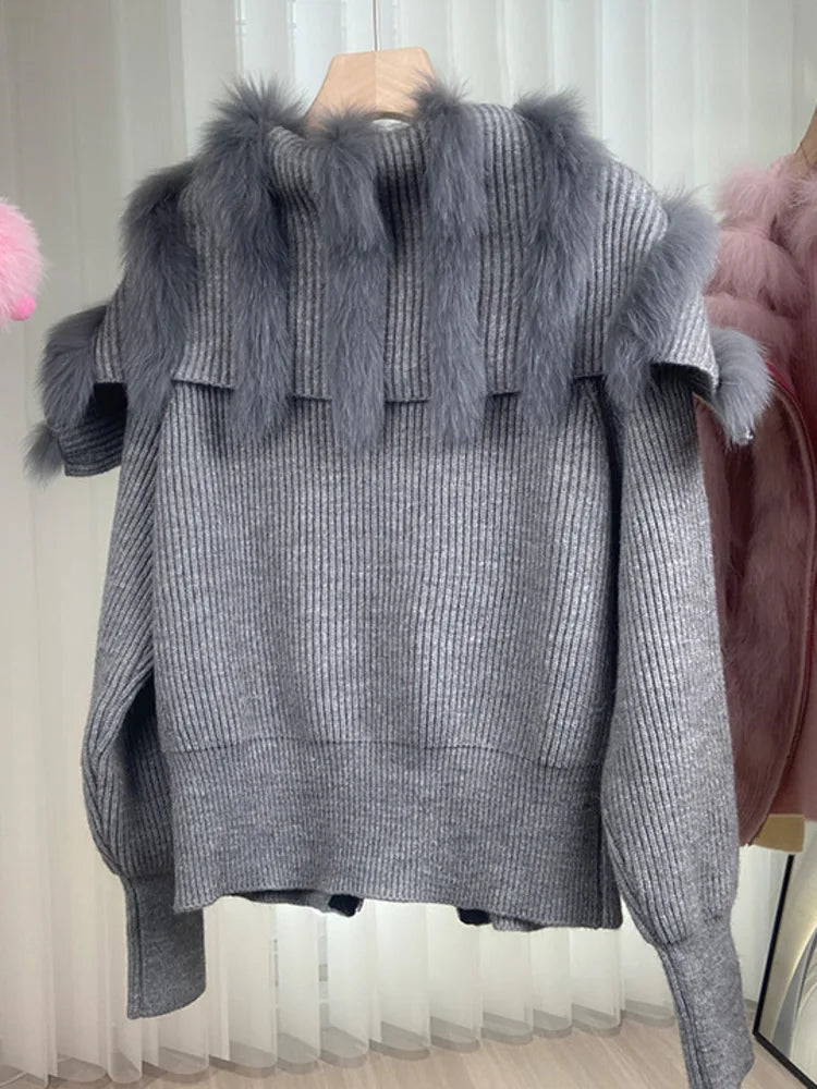 UCXQ Fashion Fox Fur Coat Short Autumn Zipper Top Patchwork Plush Elegant Women's Clothing 2024 Winter Knitt Cardigan Sweater 52