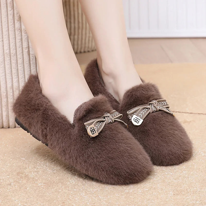 Winter New Womens Loafers Thermal Comfortable Casual Shoes Fashion Buttrfly-knot Dou Dou Shoes Low Top Womens Flat Shoes