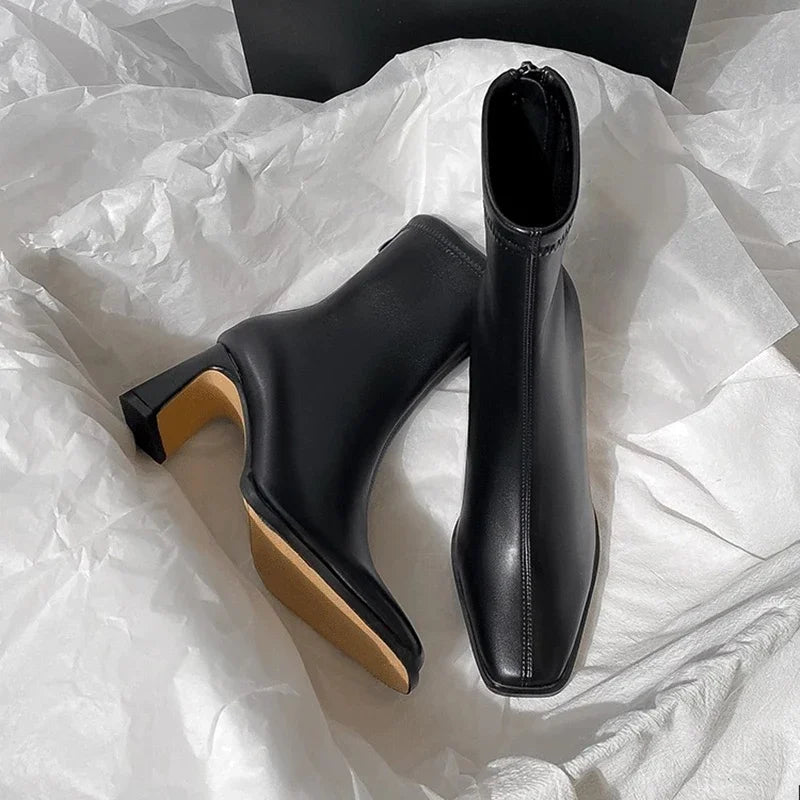 2024 New Vintage Brown Women Ankle Boots Fashion Elegant Square Toe Shoes Autumn Winter Thick Heel Women's Short Booties