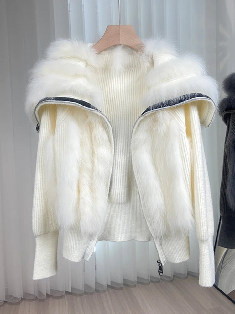 UCXQ Fashion Fox Fur Coat Short Autumn Zipper Top Patchwork Plush Elegant Women's Clothing 2024 Winter Knitt Cardigan Sweater 52