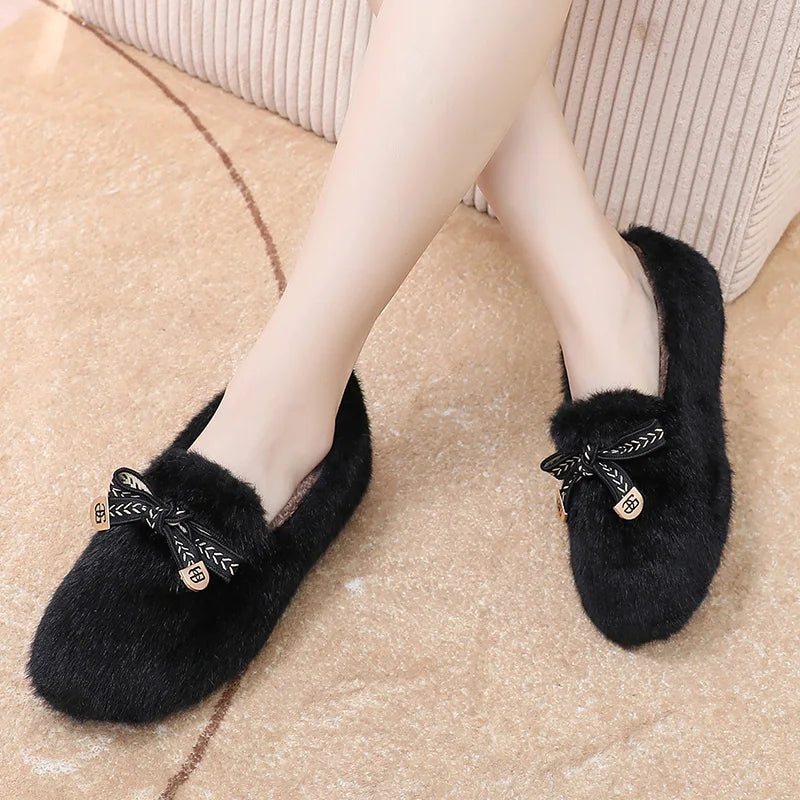 Winter New Womens Loafers Thermal Comfortable Casual Shoes Fashion Buttrfly-knot Dou Dou Shoes Low Top Womens Flat Shoes
