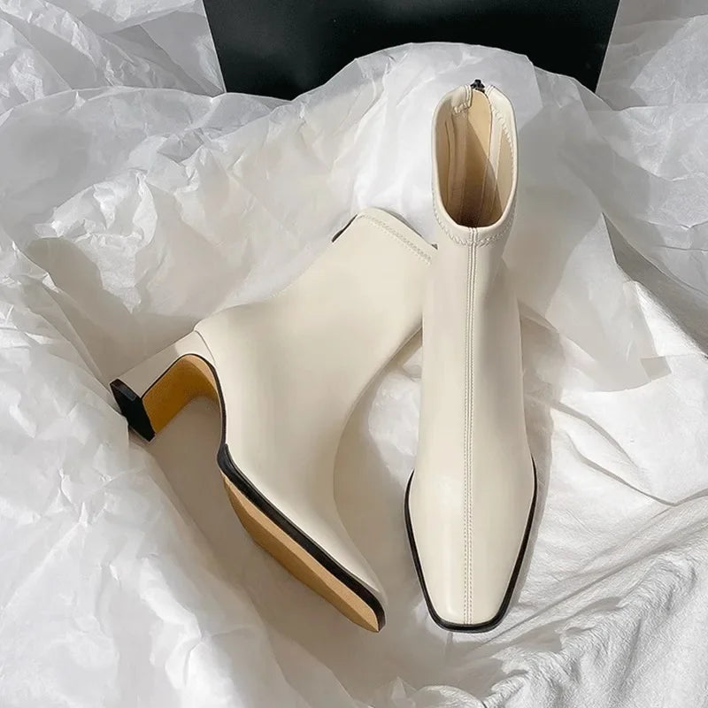 2024 New Vintage Brown Women Ankle Boots Fashion Elegant Square Toe Shoes Autumn Winter Thick Heel Women's Short Booties