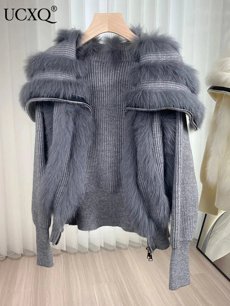 UCXQ Fashion Fox Fur Coat Short Autumn Zipper Top Patchwork Plush Elegant Women's Clothing 2024 Winter Knitt Cardigan Sweater 52
